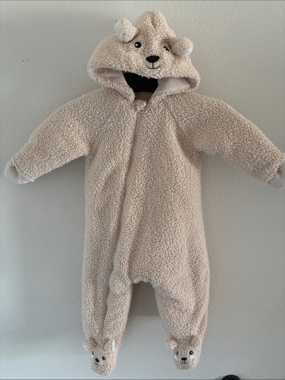Beige Teddy Bear Fleece Zipper One-Piece Footie with Hood NWOT